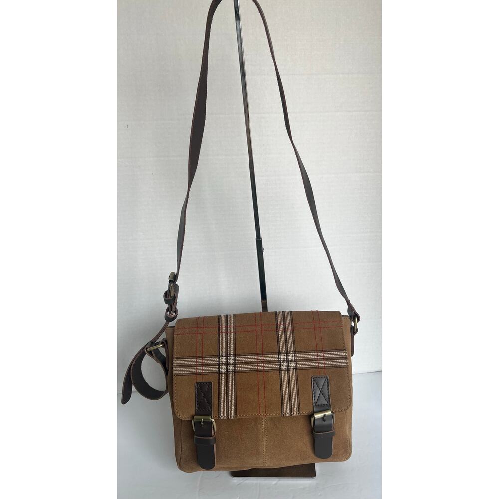 Crosstree Lane Unisex Brown Suede Leather Tweed Foldover Crossbody Messenger Bag